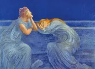  ??  ?? Foto grande la mostra alla Fondazione Ragghianti Sopra da sinistra : Previati «Notturno», Nomellini «Sinfonia della luna» (part.) Accanto i un poster della «Turandot»