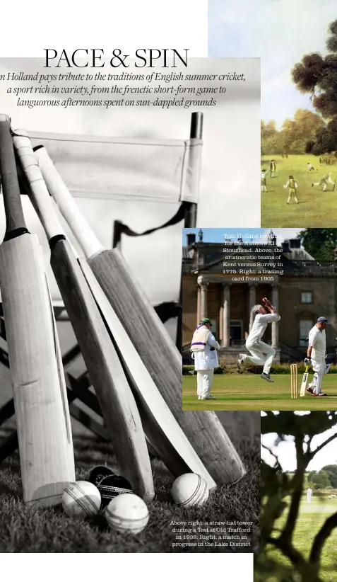  ??  ?? Tom Holland bowling for the Authors XI at Stourhead. Above: the aristocrat­ic teams of Kent versus Surrey in 1775. Right: a trading card from 1905