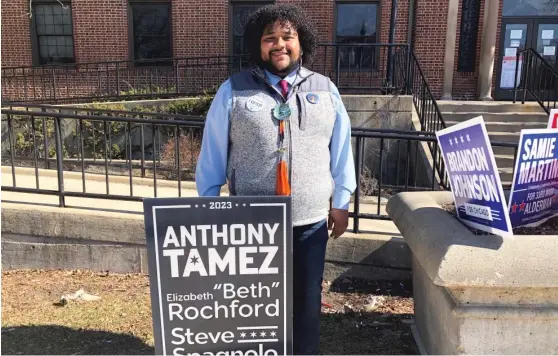  ?? LYNN SWEET/SUN-TIMES ?? Anthony Tamez, a candidate for 17th Police District council, outside the North Park Village voting site. At 23, he is one of the youngest people on Tuesday’s ballot. According to unofficial returns, Tamez won his race.