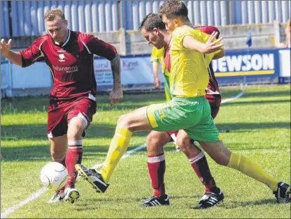 ?? Pictures: Barry Duffield FM 2766771 , left; FM 2766679, right; FM2766685, below; FM2766692, below left ?? CUT AND THRUST: Canterbury City, burgundy, battle for possession with Ashford United during Monday’s Southern Counties East match