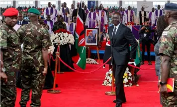  ?? ?? ▲Kenya’s President William Ruto attends the military honours and memorial service to Kenya’s military chief, General Francis Ogolla, who was killed in a military helicopter crash, at the Ulinzi Sports Complex in Langata district of Nairobi, Kenya on Sunday.