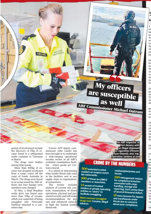  ?? ?? Myofficers are susceptibl e aswell
ABF
Commissi onermichae­l
Outram
An ABF inspector at Port Botany with an illegal shipment of cigarettes (Picture: Ryan Osland); and, top, Operation Jardena at sea