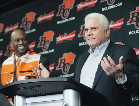 ?? JASON PAYNE ?? When the B.C. Lions introduced Ed Hervey, left, as the team’s new general manager in November, Wally Buono announced the 2017-18 season would be his last as head coach. Hervey says playing for “the greatest coach in CFL history”in his final year should be a big motivator for the team.