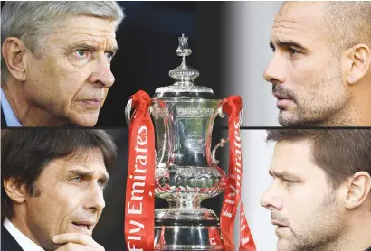  ?? Pictures: Getty Images ?? MEN ON A MISSION. Clockwise from top left, Arsenal manager Arsene Wenger, Manchester City’s Pep Guardiola, Tottenham Hotspur’s Mauricio Potchettin­o and Chelsea’s Antonio Conte all have their eye on the ultimate prize in the FA Cup semifinals at Wembley this weekend.