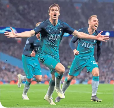  ??  ?? Spurs’ Fernando Llorente scores the goal that knocked City out of the Champions League