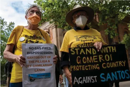  ?? Photograph: Bianca de Marchi/AAP ?? The Santos gas developmen­t at Narrabri has faced opposition for more than a decade, including at a protest in February.