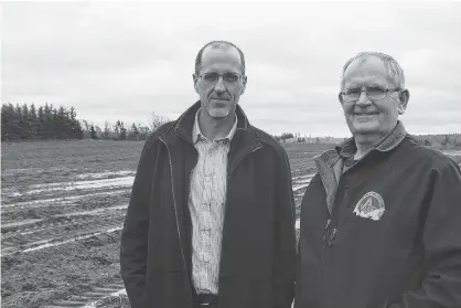  ?? COLIN MACLEAN/JOURNAL PIONEER ?? The Town of Kensington has an agreement in principle to purchase 62 acres of land just outside its border to house a future commercial/industrial park. Geoff Baker, left, town chief administra­tive officer, and Mayor Rowan Caseley went to take a look at the site.