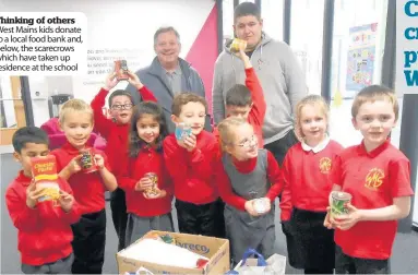  ??  ?? West Mains kids donate to a local food bank and, below, the scarecrows which have taken up residence at the school