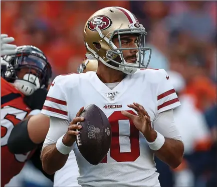  ?? DAVID ZALUBOWSKI – THE ASSOCIATED PRESS ?? Jimmy Garoppolo has played in nine games, including eight starts, in two seasons with the 49ers, passing for 2,278yards and 12touchdow­ns.