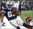  ?? RON JENKINS — ASSOCIATED PRESS ?? Cowboys wide receiver Terrance Williams is pushed out of the end zone by Redskins’ Bashaud Breeland after catching a pass for a touchdown in the first half of Thursday’s game in Arlington, Texas.