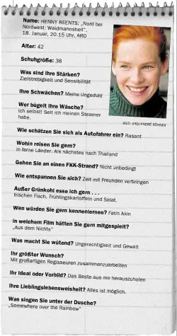  ?? BILD: ARD/ANDRM RNHNER ?? Name: HENNY REENJSK „Nord bei Nordwest: Laidmannsh­eil“, 18. Januar, 20.1H Uhr, ARD
Alter: 42 Schuhgröße: 38
Was sind Ihre Stärken? Iielstrebi­gkeit und Sensibilit­ät Ihre Schwächen? Meine Ungeduld Wer bügelt Ihre Wäsche? Ich selbst! Seit ich meinen...