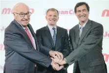  ?? GRAHAM HUGHES/THE CANADIAN PRESS ?? A budget cut in Quebec is seen as a reason Jean Coutu was sold. From left, Jean Coutu chairman Jean Coutu, Metro CEO Eric La Flèche and Jean Coutu CEO François Coutu.