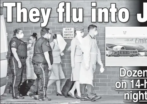  ??  ?? STRICKEN: Authorites lead away sick people at Jamaica Hospital Medical Center ( above) on Wednesday after the flu spread throughout a JFK-bound jumbo jet (top inset)