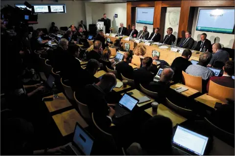  ?? Photo: David Fitzgerald/Sportsfile ?? FAI board members, from left, Joseph O’Brien, John Earley, Paul Cooke, President Donal Conway, Martin Herraghty, Richard Shakespear­e and David Moran during an FAI Press Conference at FAI HQ in Abbotstown, Dublin.