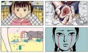  ??  ?? « Le Signe des rêves », « Noise », Mon père alcoolique et moi et « Le Fleuve Shinano » (de g. à dr. et de haut en bas) démontrent la richesse du manga.
