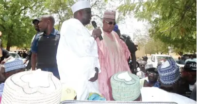  ??  ?? Governor Kashim Shettima and Senator Mohammed Ali Ndume addressing parents of abducted girls in Chibok town yesterday.