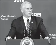  ?? AP-Yonhap ?? Vice President Mike Pence speaks during the Global Chiefs of Mission Conference “One Team, One Mission, One Future” at Department of State in Washington, Wednesday. Pence is claiming that the Islamic State “caliphate has crumbled” and the militant network “has been defeated.”