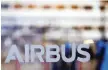  ?? — Reuters ?? Logo of Airbus is pictured at the Airbus A380 final assembly line at Blagnac, France.