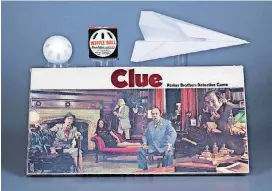  ?? [PHOTO BY VICTORIA GRAY/THE STRONG VIA AP] ?? This undated photo provided by The Strong shows the three toys inducted into the National Toy Hall of Fame Class of 2017, from top left, the Wiffle Ball, the paper airplane and the board game Clue. The trio was honored at the upstate New York hall on...