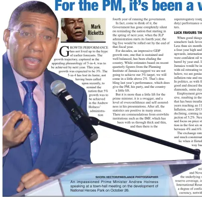  ?? SHORN HECTOR/FREELANCE PHOTOGRAPH­ER ?? An impassione­d Prime Minister Andrew Holness speaking at a town-hall meeting on the developmen­t of National Heroes Park on October 26.