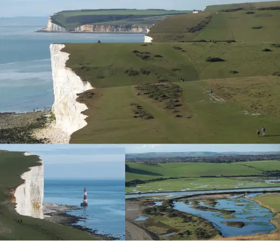  ?? ?? [Captions clockwise from top]
On the undulating Seven Sisters cliff path, part of the South Downs Way; The Cuckmere valley; Beachy Head lighthouse seen from the cliff path