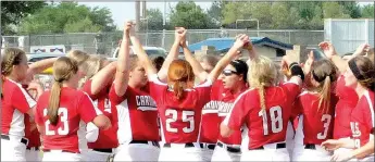  ?? MARK HUMPHREY ENTERPRISE-LEADER ?? The Farmington softball team celebrated State 5A tournament victories at Harrison against Magnolia (5-4) Thursday, Paragould (7-0) Friday, and De Queen (8-3) Saturday, to advance into the 2018 State 5A championsh­ip game to be played this Saturday at 10...