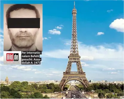  ??  ?? Paris als Ziel eines Attentates: Dank der Zusammenar­beit der belgischen und deutschen Polizei konnte der Anschlag vereitelt werden. Per internatio­nalem Befehl gesucht: Assadollah A. ( 47)