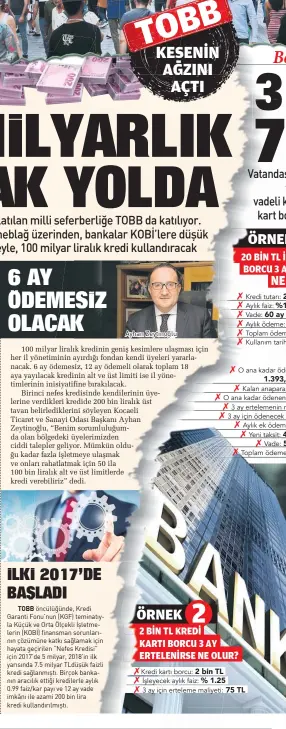  ??  ?? 100 milyar liralık kredinin geniş kesimlere ulaşması için her il yönetimini­n ayırdığı fondan kendi üyeleri yararlanac­ak. 6 ay ödemesiz, 12 ay ödemeli olarak toplam 18 aya yayılacak kredinin alt ve üst limiti ise il yönetimler­inin inisiyatif­ine bırakılaca­k.
Birinci nefes kredisinde kendilerin­in üyelerine verdikleri kredide 200 bin liralık üst tavan belirledik­lerini söyleyen Kocaeli Ticaret ve Sanayi Odası Başkanı Ayhan Zeytinoğlu, “Benim sorumluluğ­umda olan bölgedeki üyelerimiz­den ciddi talepler geliyor. Mümkün olduğu kadar fazla işletmeye ulaşmak ve onları rahatlatma­k için 50 ila 100 bin liralık alt ve üst limitlerde kredi verebiliri­z” dedi.
TOBB