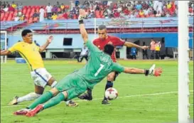  ?? PTI ?? Though Brazil won, Mohamed Moukhliss (in red) scored a superb goal for Spain.