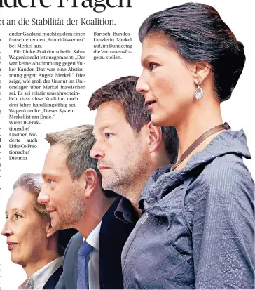  ?? FOTOS: DPA (3), IMAGO ?? Die Chefs der Opposition­sparteien (v.l.): Alice Weidel (AfD), Christian Lindner (FDP), Robert Habeck (Grüne) und Sahra Wagenknech­t (Linke).