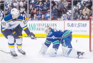  ?? THE CANADIAN PRESS ?? St. Louis Blues’ Patrik Berglund, left, puts a shot wide of the net behind Canucks goalie Jacob Markstrom during the first period in Vancouver on Saturday.