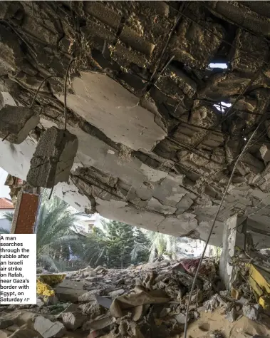  ?? AP ?? A man searches through the rubble after an Israeli air strike on Rafah, near Gaza’s border with Egypt, on Saturday