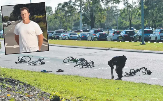  ??  ?? Five cyclists were injured when they were hit by a car on Dalrymple Rd at Mount Louisa on February 19, 2020. (INSET) Brad Wilton, at the site of the crash where he was seriously injured. Picture: Evan Morgan