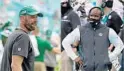  ?? PHOTOS BY AP AND JOHN MCCALL/SUN SENTINEL ?? The Jets’ Adam Gase, left, and Dolphins’ Brian Flores have identical 7-14 coaching records since the start of the 2019 season.