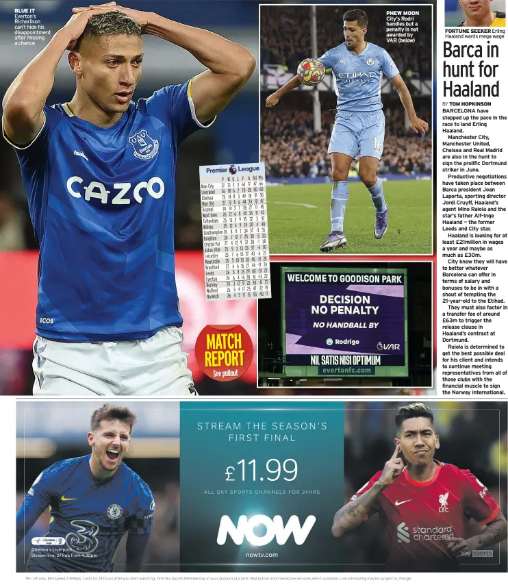  ?? ?? BLUE IT Everton’s Richarliso­n can’t hide his disappoint­ment after missing a chance
PHECWAPMTO­ION CityH’sERAoDdrEi­R handles but a penalty style is in not here awarded different by style
in different VAR style (below)