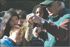  ?? NEWS-SENTINEL FILE PHOTOGRAPH ?? Lodi Lake Nature Area docent Norman Page holds up the nest of a bushtit bird while fifth-grader Christophe­r Gomez peers inside with his classmates during a field trip tour of Lodi Lake on March 28, 2016.