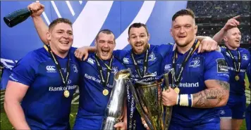  ??  ?? Tadhg Furlong, Jack McGrath, Cian Healy and Andrew Porter celebratin­g their success on Saturday.