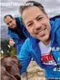  ??  ?? Zwei CIOs mit Hund auf dem Berg: Tobias Lange, Eagle Burgmann (links), und Florian Lesch, Flughafen München, mit Kodiak.