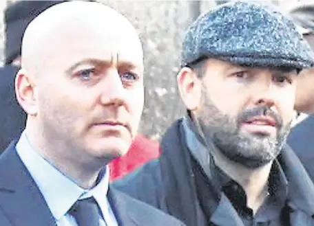  ??  ?? Cartel: ‘Fat’ Freddie Thompson (left) beside Daniel Kinahan at the funeral of David Byrne, who was killed at the Regency Hotel in 2016