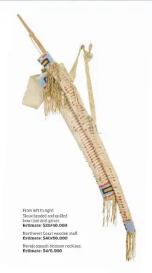  ??  ?? From left to right:
Sioux beaded and quilled bow case and quiver. Estimate: $20/40,000