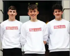  ??  ?? Davey Feeney, Tom Flanagan, and Fraiser Gaine having won the Special Recognitio­n Award for their business Kard at the finals of the Foróige Youth Entreprene­ur of the Year Awards 2018