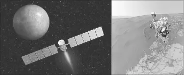  ??  ?? (Left) An illustrati­on of the space probe dawn arriving at the dwarf planet Ceres. • (Right) Curiosity takes a selfie in front of the Namib Dune on Mars. — Handout photos courtesy of NASA.