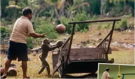  ??  ?? Here, the slowest moment in the arc of the coconut being tossed is when it’s at its highest point, and what helps make the shot is that the two coconuts are aligned