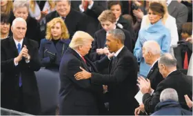  ?? Jonathan Newton / Washington Post ?? President Trump shakes hands with former President Barack Obama during his Jan. 20 inaugurati­on ceremony in Washington.