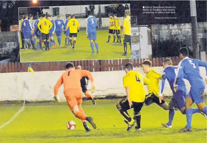  ?? Images by John Driscoll ?? Harry Blackburn levels for Skem at Frickley and (inset) preparing to take a free kick