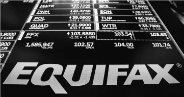  ??  ?? The logo and trading informatio­n for Credit reporting company Equifax Inc. are displayed on a screen on the floor of the New York Stock Exchange (NYSE) in New York, US, Sept 26. – Reuters photo