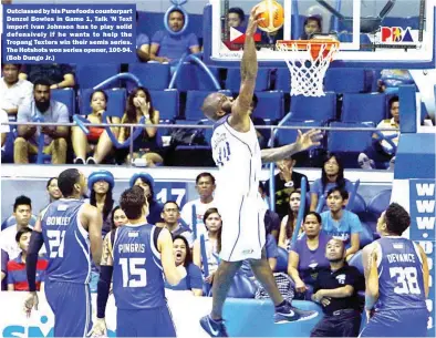  ??  ?? Outclassed by his Purefoods counterpar­t Denzel Bowles in Game 1, Talk ’N Text import Ivan Johnson has to play solid defensivel­y if he wants to help the Tropang Texters win their semis series. The Hotshots won series opener, 100-94. (Bob Dungo Jr.)