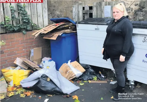  ??  ?? ■■■■ david.david.campbell01@campbell01@reachplc..trinitymir­ror.comcom■■ Shocked Councillor Karen Kennedy at thte Wellmeadow Street bins