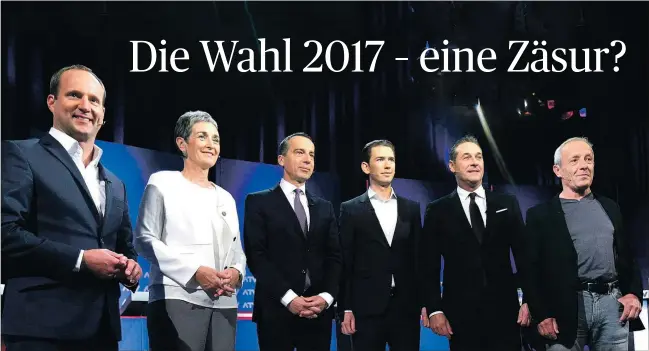  ?? [ APA] ?? Die Spitzenkan­didaten von gestern: Matthias Strolz (Neos), Ulrike Lunacek (Grüne), Christian Kern (SPÖ), Sebastian Kurz (ÖVP), Heinz-Christian Strache (FPÖ), Peter Pilz (Liste Pilz).