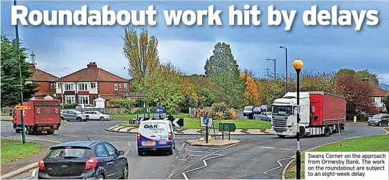  ?? ?? Swans Corner on the approach from Ormesby Bank. The work on the roundabout are subject to an eight-week delay